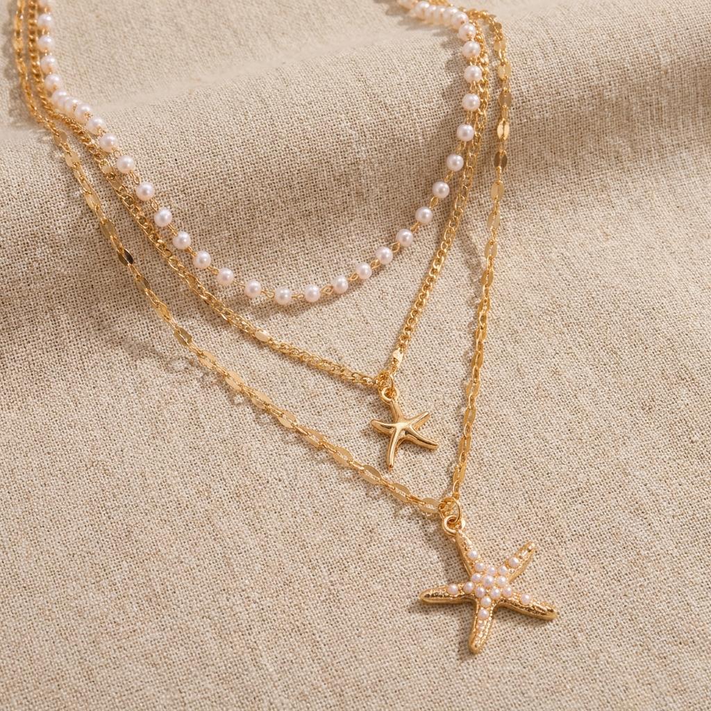 Exquisite Imitation Pearl Starfish Stacking Necklace for Women Bohemian Ocean Elements Charm Choker Summer Beach Party Jewelry