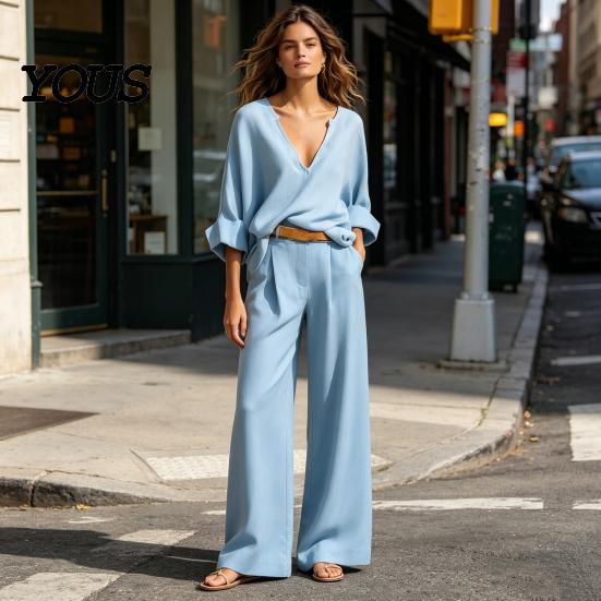 Lockere Passform Damenbekleidung Damen 2-teiliges Baumwoll-Leinen-Set, Langarm V-Ausschnitt Bluse Bequemes Outfit Und Weite Hosen Passend für Sommerurlaub