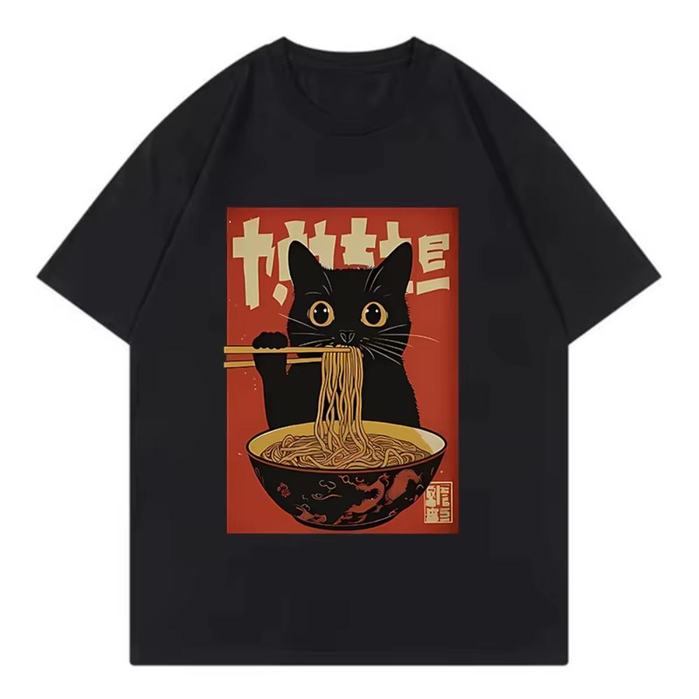 Japanesestyle Shortsleeved Tshirt with A Cat Eating Ramen Print Loose and Casual Fit Cartoon Y2k Top Women T Shirt