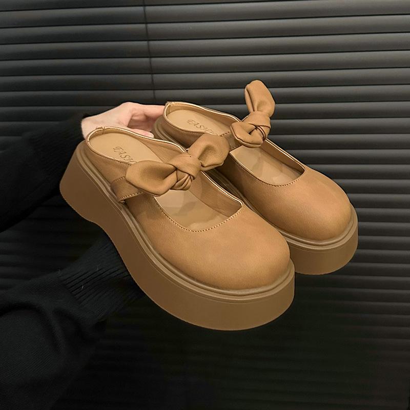 

Summer bag head single shoes thick sole one pedal new women s bow cool slippers wear half slippers lazy 40 коричневий