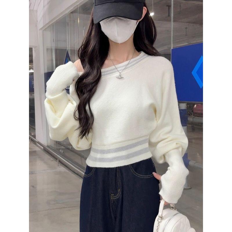 Kumikumi Pure Desire Wind Oblique Shoulder Loose Temperament Easiest for Match Long Sleeves Sweater Female Autumn Slimming Chic Anti-Aging Top