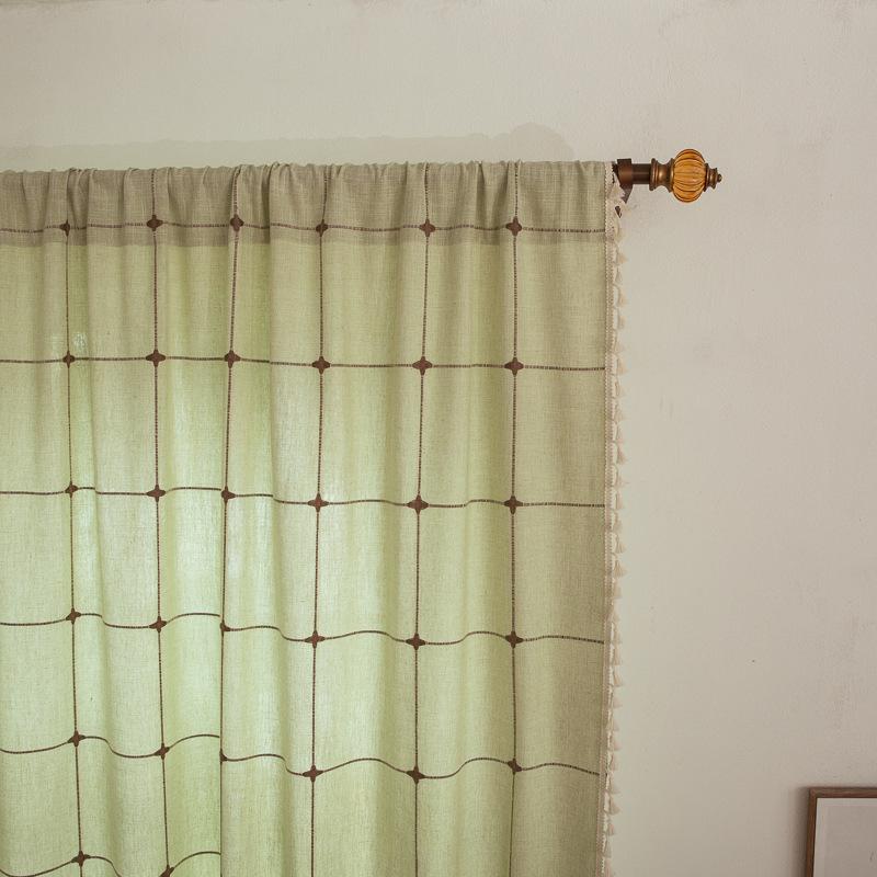 Grey Curtain Finished Product Embroidery Cotton And Linen Solid Color Plaid Coffee Insulation Living Room Kitchen Set Rod Partition Curtain