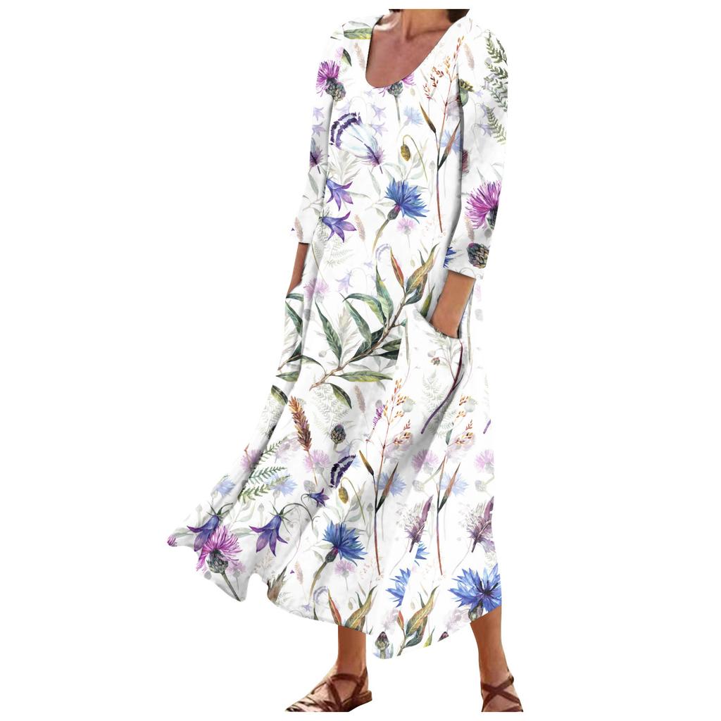 Women's Fashion Casual Print Round Neck 3/4 Sleeve Loose Pocket Dress