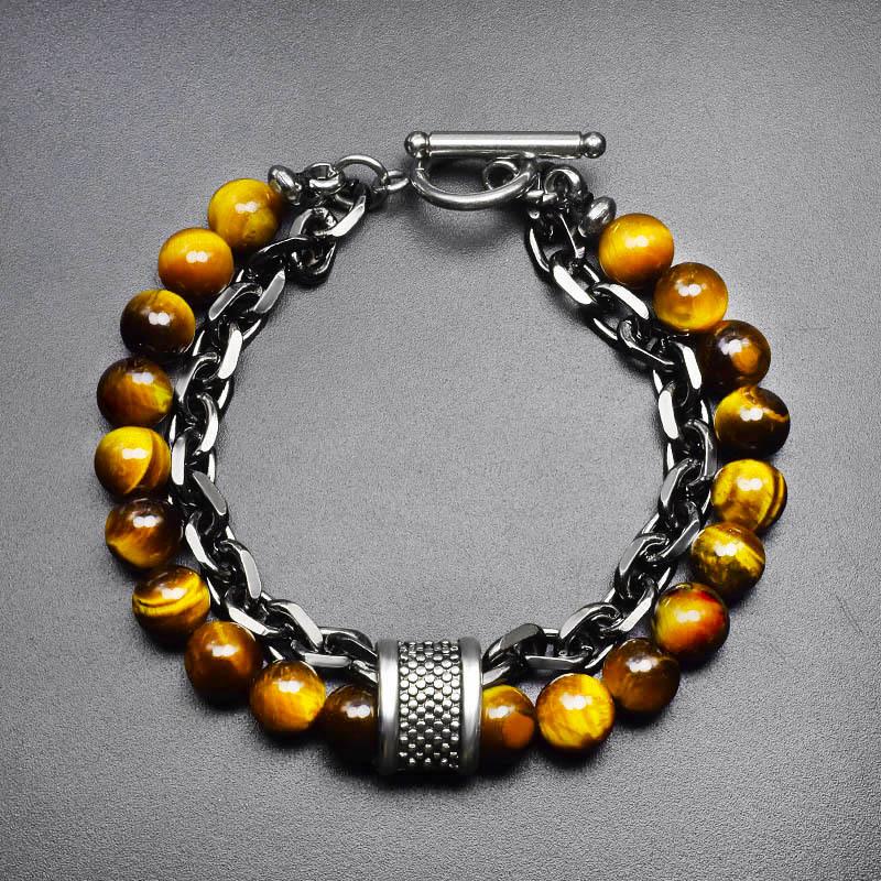 Мужской браслет из бусин из натурального камня Тигровый глаз для мужчин Браслет-нить из бусин Подарок Двухслойный браслет-цепь из нержавеющей стали цвета оружейного металла