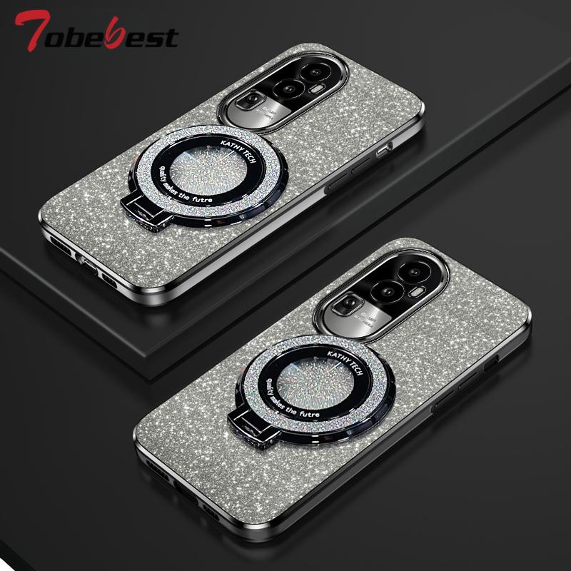 Glitter Plating Magnetic Holder Phone Case For OPPO Reno 12 12F 11 11F 10 8 7 Pro Plus 4G 5G Cover