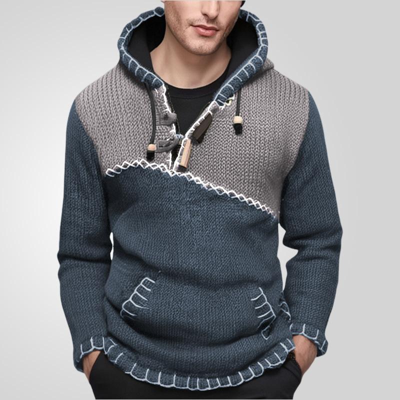 Casual Fall Winter Sweaters for Men Hooded Knitted Pullover Long Sleeve Slim Fit Knit Tops Men's Color-Blocked Drawstring Hoodie Sweater With Pocket