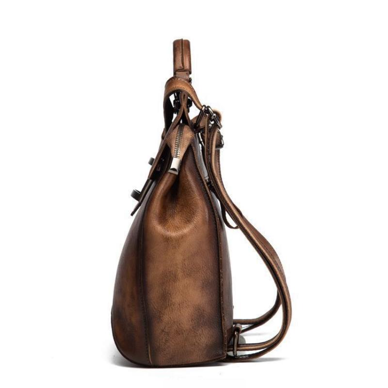 Johnature Retro Genuine Leather Bag Solid Color Backpack Handmade Cowhide Large Capacity Women Backpacks Travel Bags