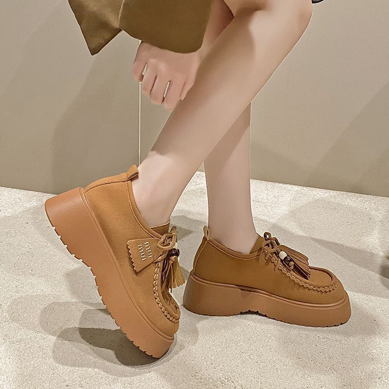 Versatile casual fringed Birken women's shoes 2025 spring and summer new heightened platform muffin round head lace-up single shoes women