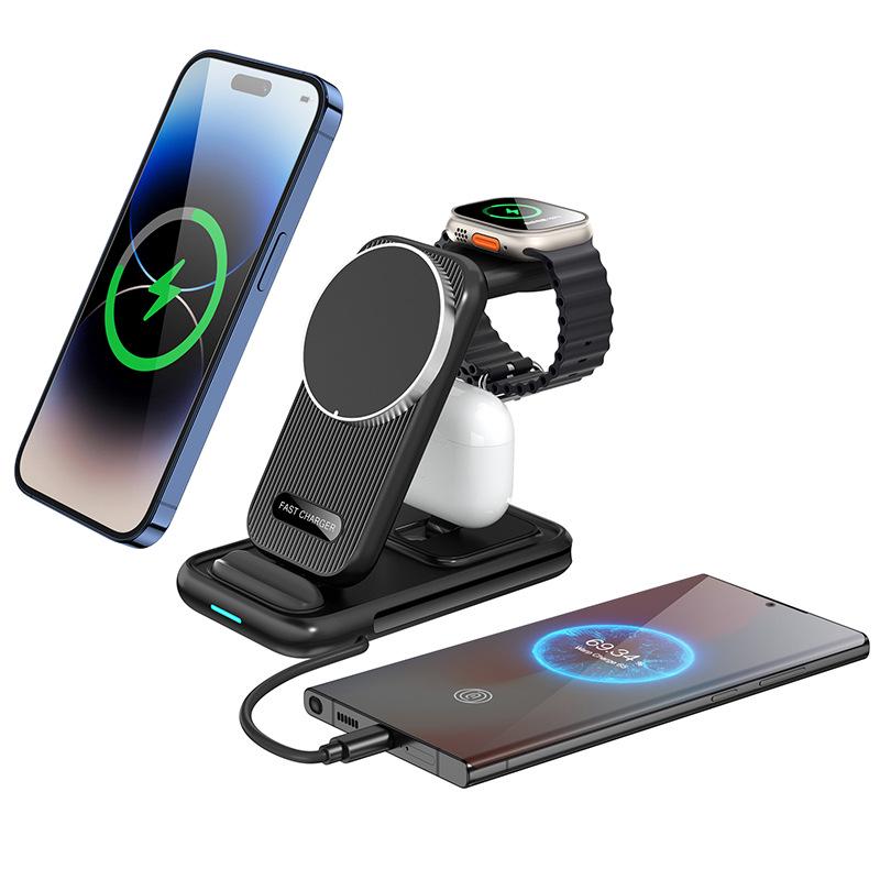 3-in-1 Foldable Wireless Charging Stand with Magnetic Cable for Fast Charging