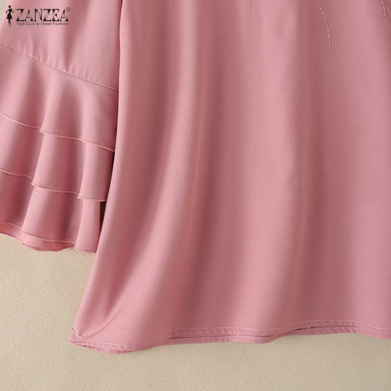 ZANZEA Women Casual Round Neck 3/4 Sleeve Embroidery Print Loose Blouse Ruffles 