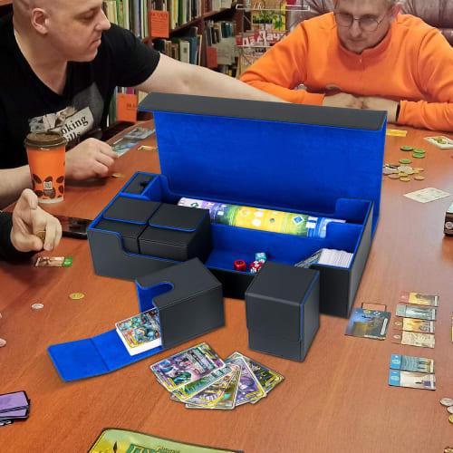 Large Capacity Deck Case, Playmat Case, Trading Card Case, Magnetic Loader, Storage Box for 600 Cards, PU Leather (Black & Blue)