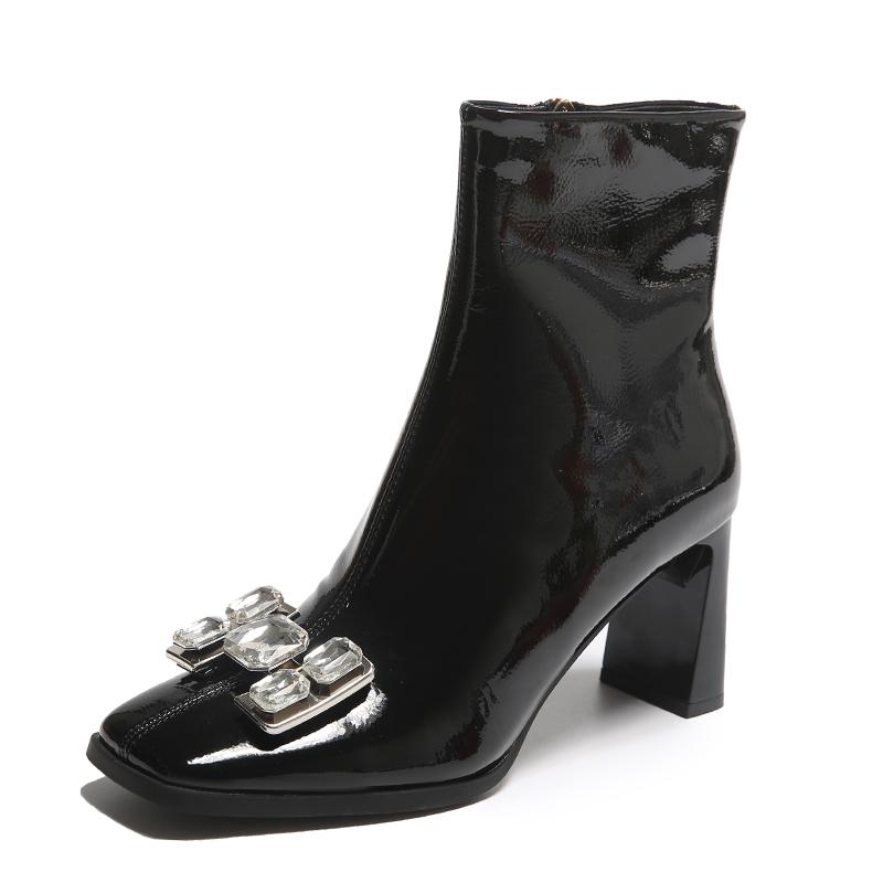 

Мода 2024 осень и зима новые черные ботильоны на высоком каблуке с квадратным носком женская мода молния сбоку с бриллиантами универсальные модные ботинки 39 чёрный