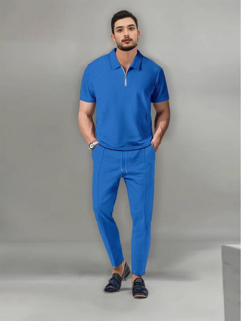 2023 Autumn Men's Solid Color Waffle Lapel Short Sleeve Zipper Suit