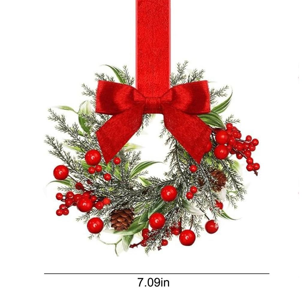 7 Inch Christmas Door Wreath with Bow Ribbon Red Berry Christmas Cabinet Wreath for Door Windows Wall Outdoor Xmas Decoration