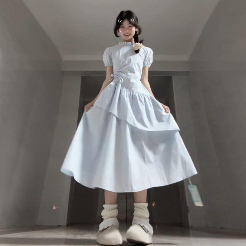 French Blue Cinched Waist Short-Sleeve Summer Dress 2026 Small светло-синий