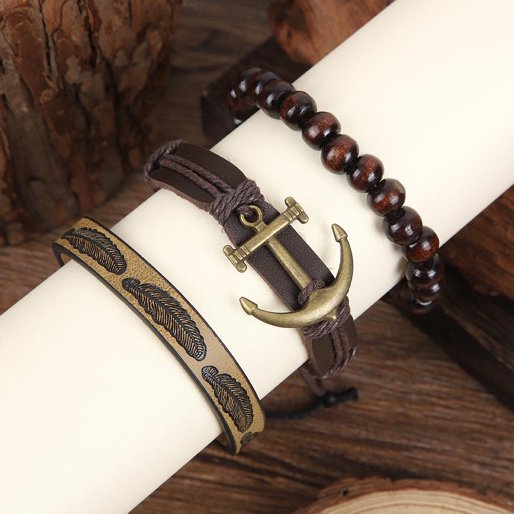 European Retro Men's Leather Bracelet Set: Wood Beads, Feathers, Anchor, and Crescent Moon