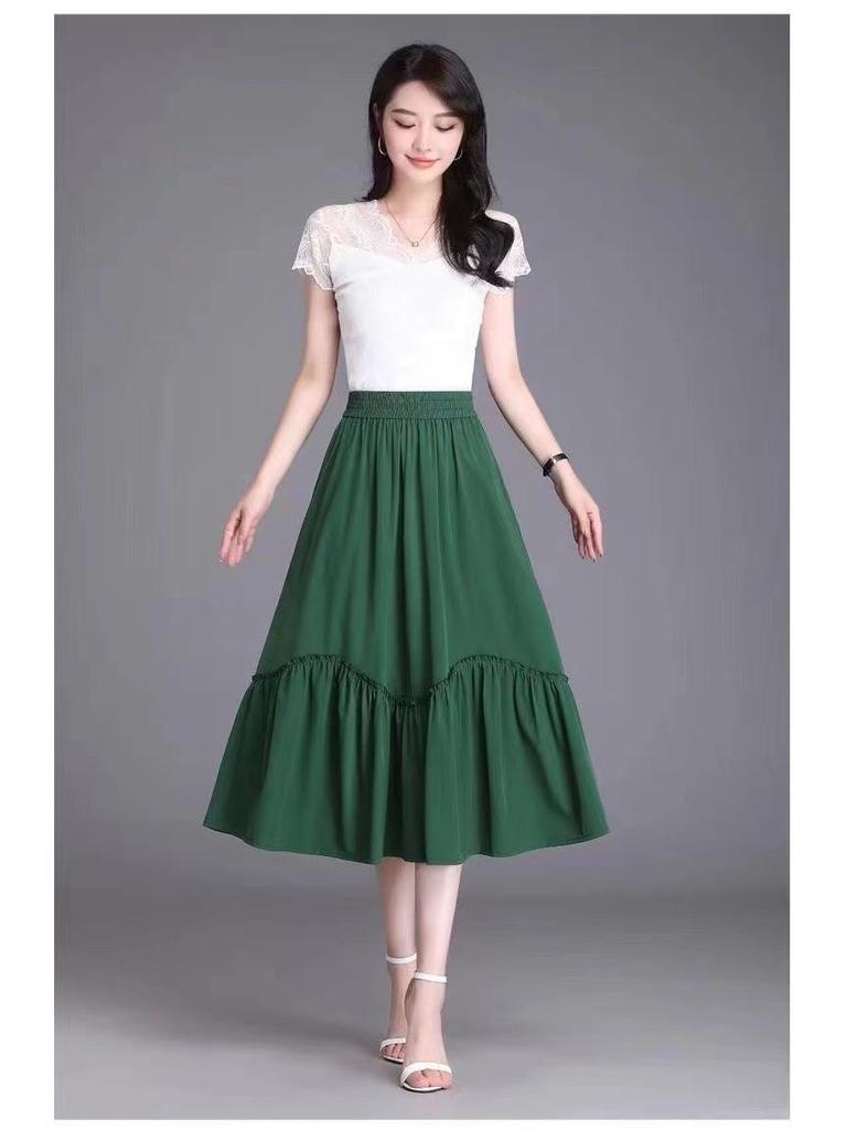 Plus Size High-Waist Pleated A-Line Skirt - Summer Slimming Elastic Swing Skirt for Moms