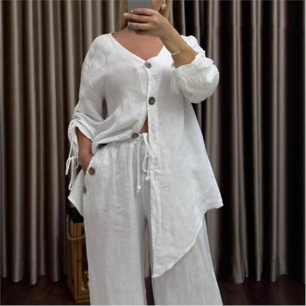 Cotton Linen Irregular Button Shirt Set Women Spring Autumn Casual Loose Retro V-Neck Cardigan + Wide-leg Long Pants 2piece Set