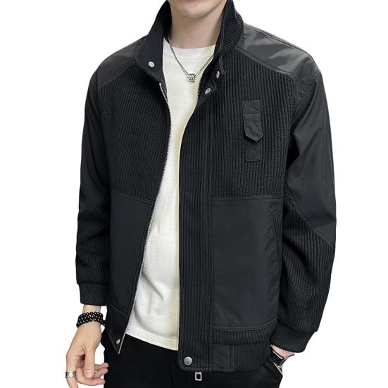 

Чоловіча куртка з коміром-стійкою, з довгим рукавом і застібкою-блискавкою, куртка-планка, пальто, суцільний колір, ретро, ​​вельветова куртка, коротка вітрівка M чорний