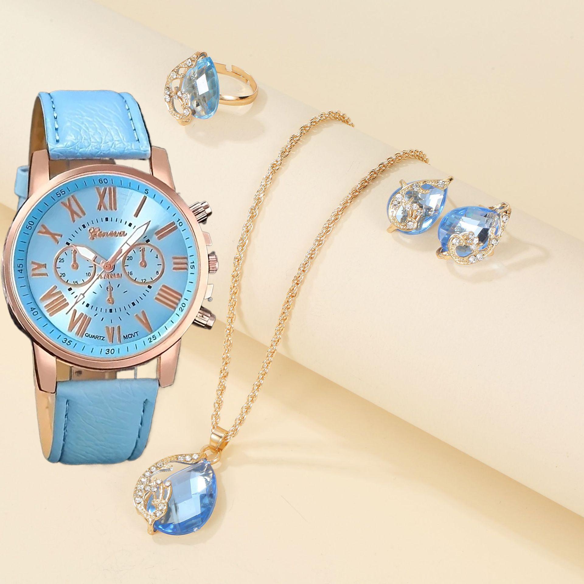 

5 шт./Набор - Женские часы Женева Повседневные кожаные ремешки Кварцевые наручные часы Набор ювелирных изделий с бриллиантами(Без коробки)