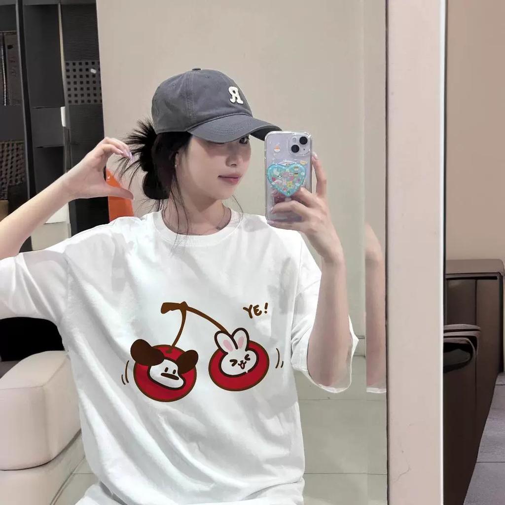 Cartoon Printed Cotton Short-sleeved T-shirt Women's Summer New American Casual Ns Loose and Versatile White Top