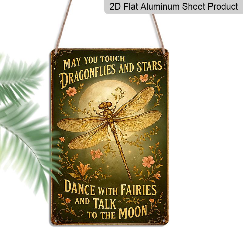 2D Flat "May You Touch Dragonflies and Stars" Fairy Moon Metal Aluminum Sign - Retro Boho Wall Decor 8*12 Inch Garden Decor Patio Decor Boho Home