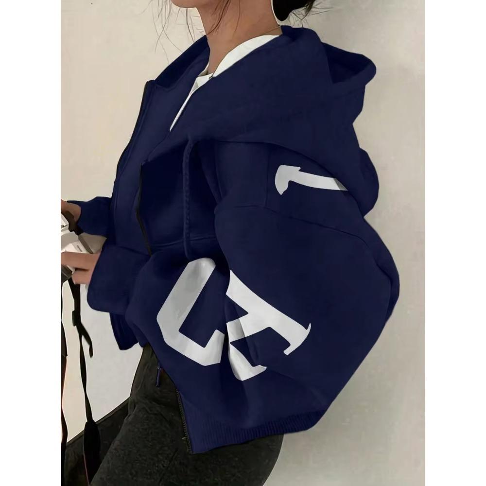 Women Y2K Crop Zip Up Hoodie Letter Print Oversized Long Sleeve Hooded Sweatshirt Casual Streetwear Short Jacket Outerwear