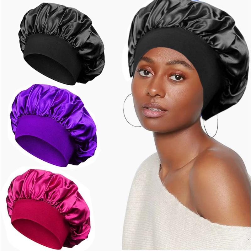 Solid color wide edge high elastic adult nightcap men's and women's fashion hair care beauty shower cap satin