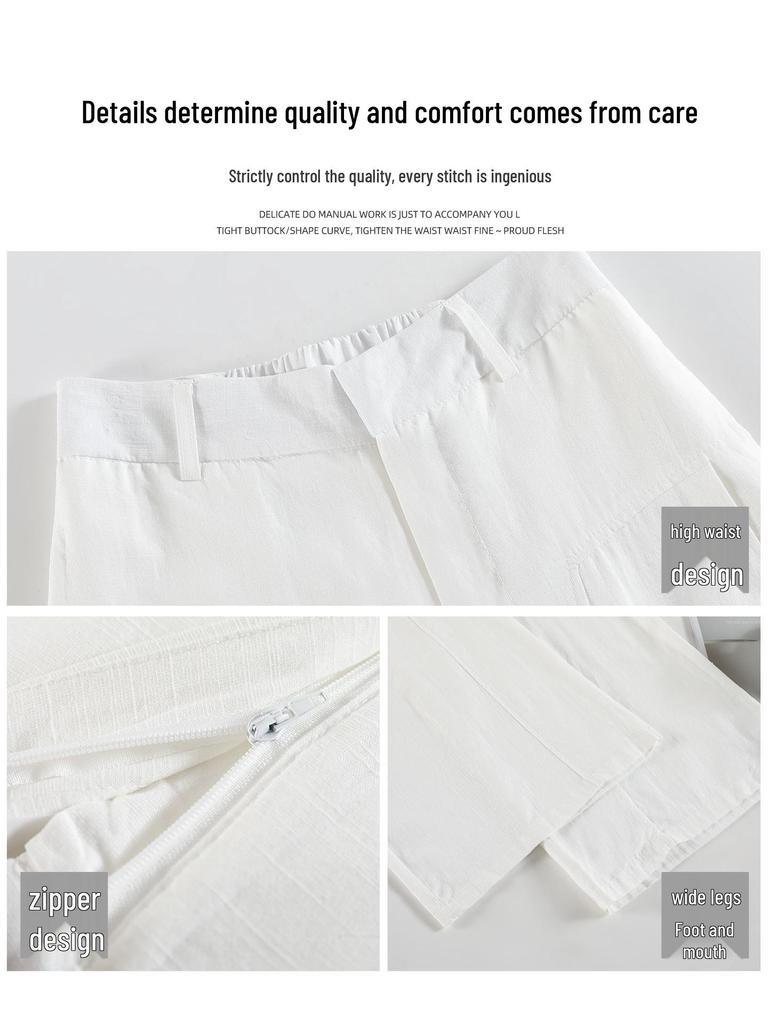 Korean Old Money Style Women's Wide-Leg Cotton Linen Pants, High-Waisted Straight Casual for Spring/Summer 2026.