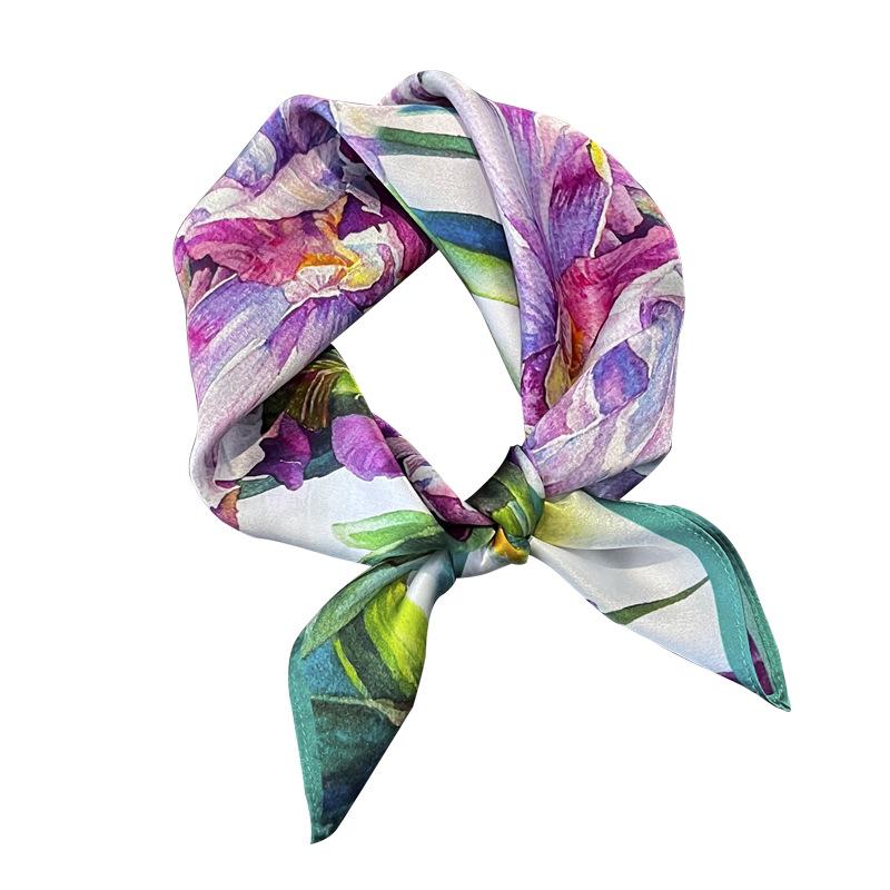 Vintage Purple Floral Mulberry Silk Square Scarf - Versatile Twill Neck Accessory