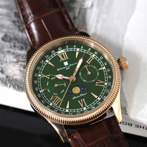 Salvatore Marra Men's Limited Edition Pink Gold and Green Watch, Moon Phase, Multi-Calendar, 5 ATM Water Resistance, Leather Strap, Business/Formal We