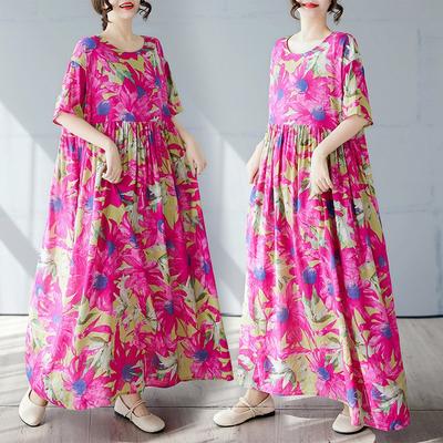 Einfaches böhmisches langes Kleid Sommer Neu Übergröße Kurzarm Rundhalsausschnitt Druck mit Damenbekleidung