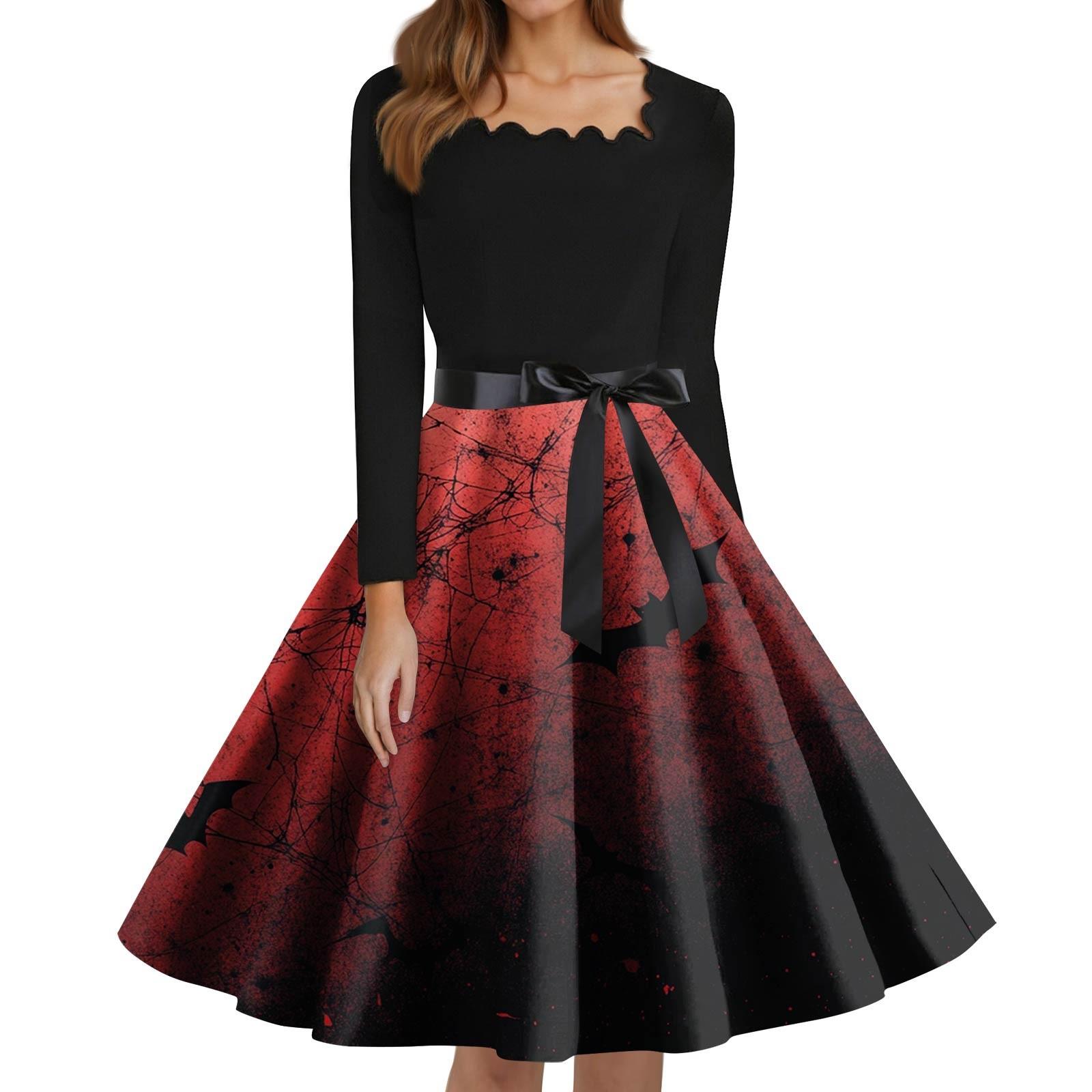 

Женские модные платья с квадратным вырезом, повседневные, приталенные, с принтом на Хэллоуин, с длинным рукавом XL винный