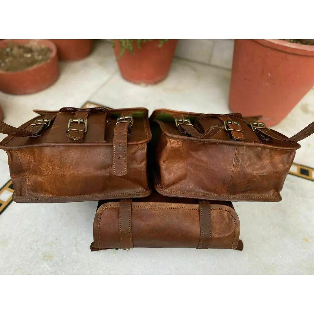 Saddlebags Motorcycle Side 3 Pouch Leather Panniers 3 Bags (2 Large + 1 Small)