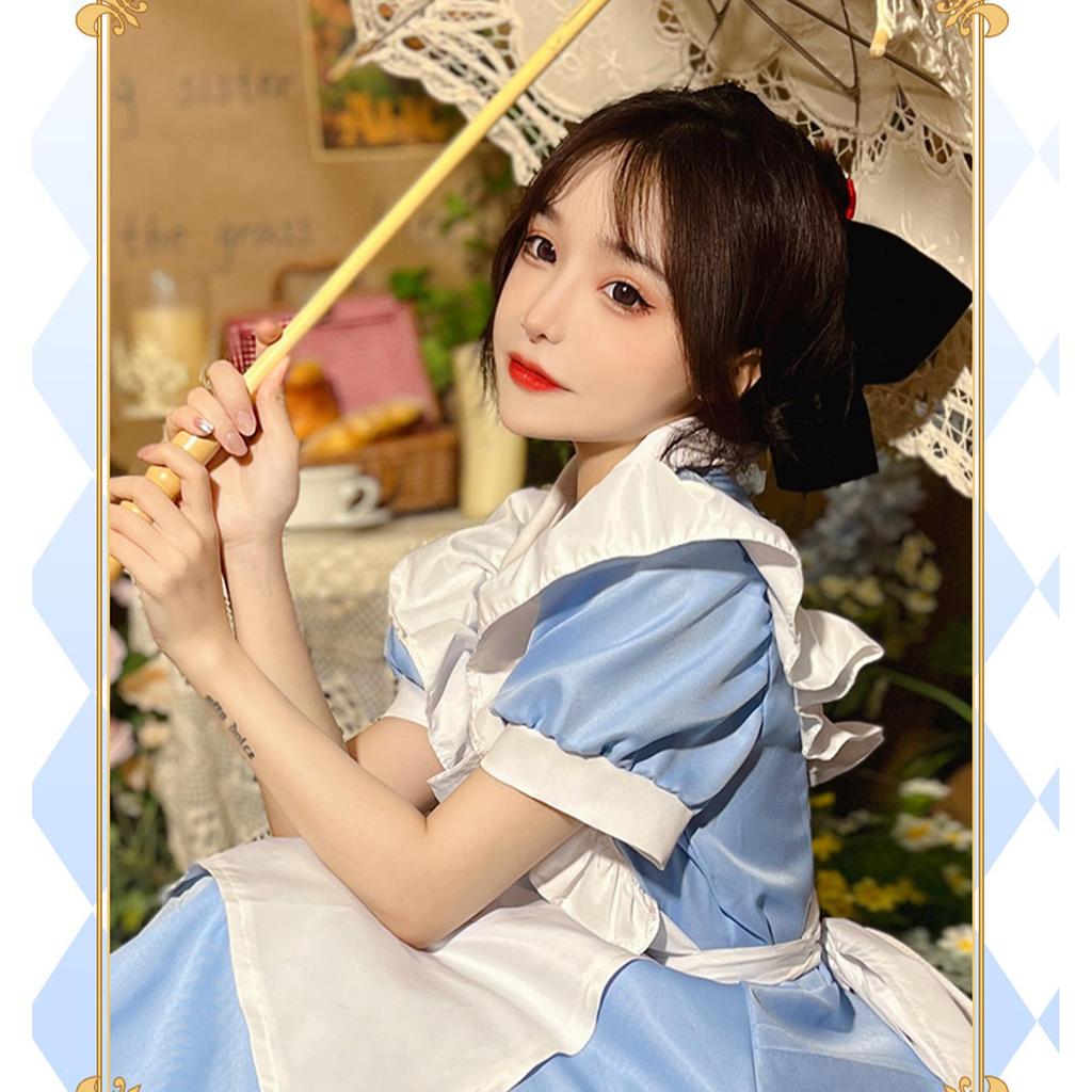 Cute Lace Maid Outfit Short Blue and Includes Apron and Cosplay Perfect for Photo and More [ChicFlow] Set, Sleeves, Ruffles, White, Headband, Uniform,