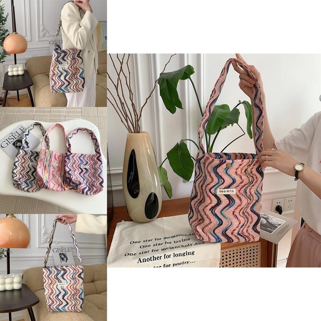 Trendy Rainbow Striped Canvas Tote Bag For Spring And Summer With Large Capacity