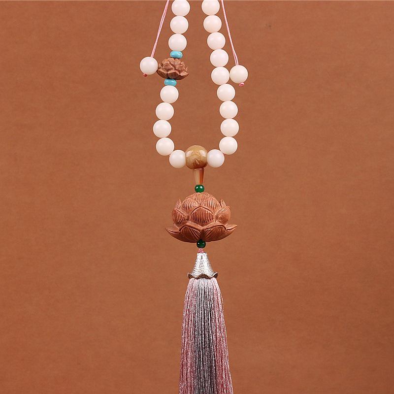 Natural White Jade & Peach Wood Lotus Pendant for Rearview Mirror
