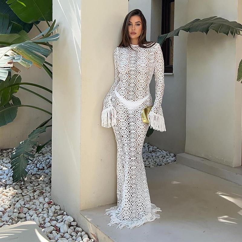 Sexy Tassel Hallow Out Midi Dress Women Solid Long Sleeve O-neck Holiday Slim Dresses Female 2024 Summer Fashion Crochet Robe