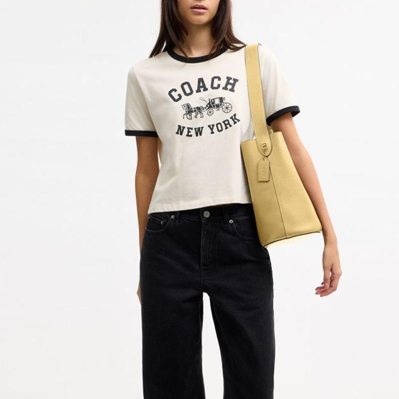 COACH Bleecker 28 Texture Design Cow Leather Bucket Bag Shoulder Bag Large Women's Yellow