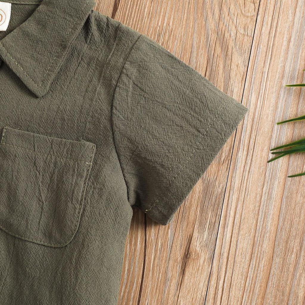 Summer Casual Cotton Linen Polo & Shorts Set for Boys – Solid Color with Turn-Down Collar