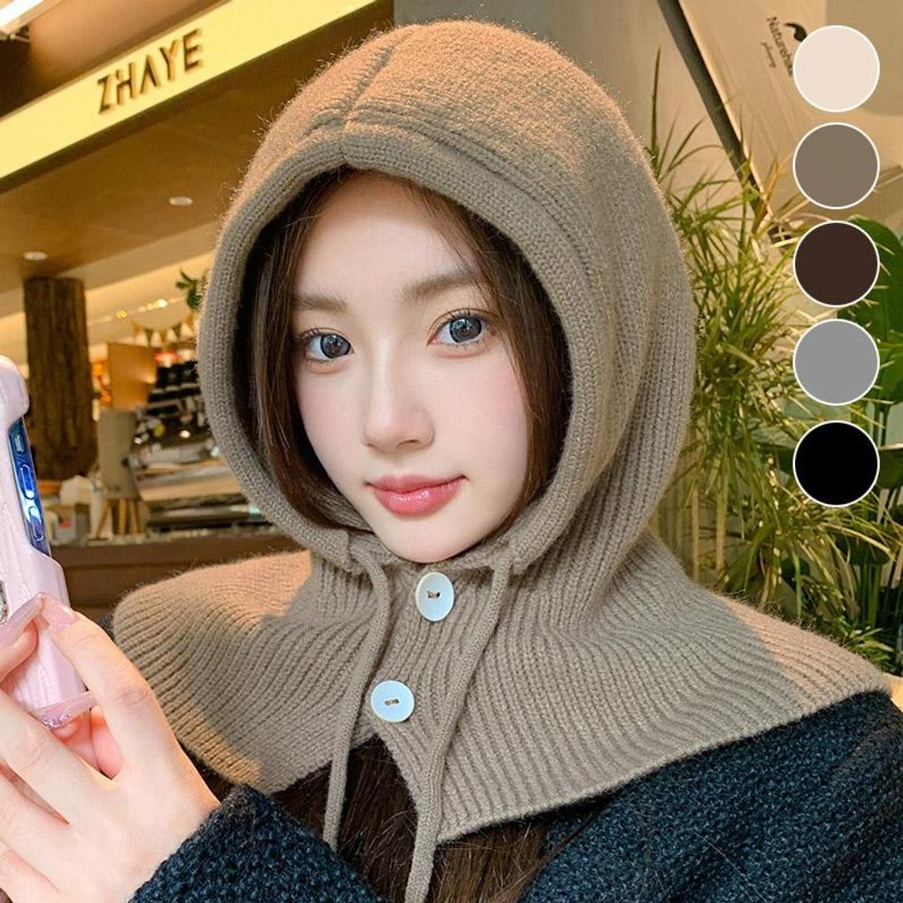 Winter Warm Knit Fake Hood Button Neck Warmer