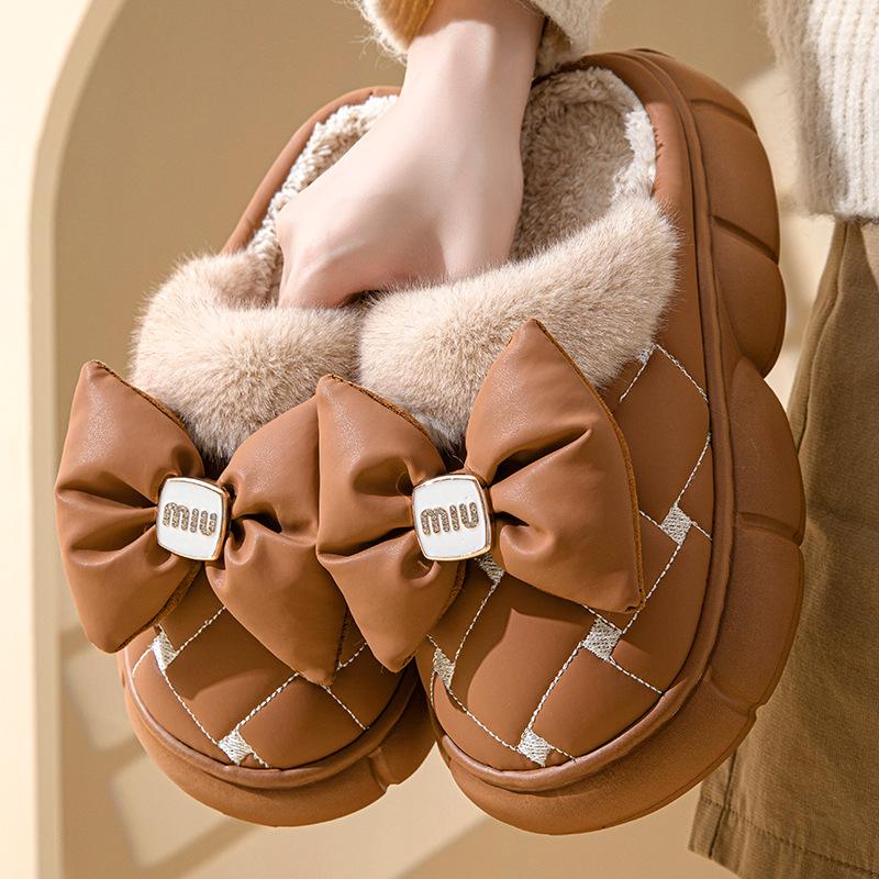 

Модные женские милые хлопковые тапочки с бантом, женские зимние модные мягкие толстые домашние тапочки, женские нескользящие плоские каблуки, домашняя обувь 36-37 коричневый