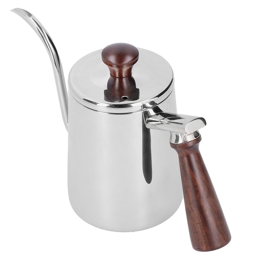 Tragbare Edelstahl-Kaffeekanne mit Holzgriff Langem Schwanenhalsausguss Café-Kessel Silber 700ml