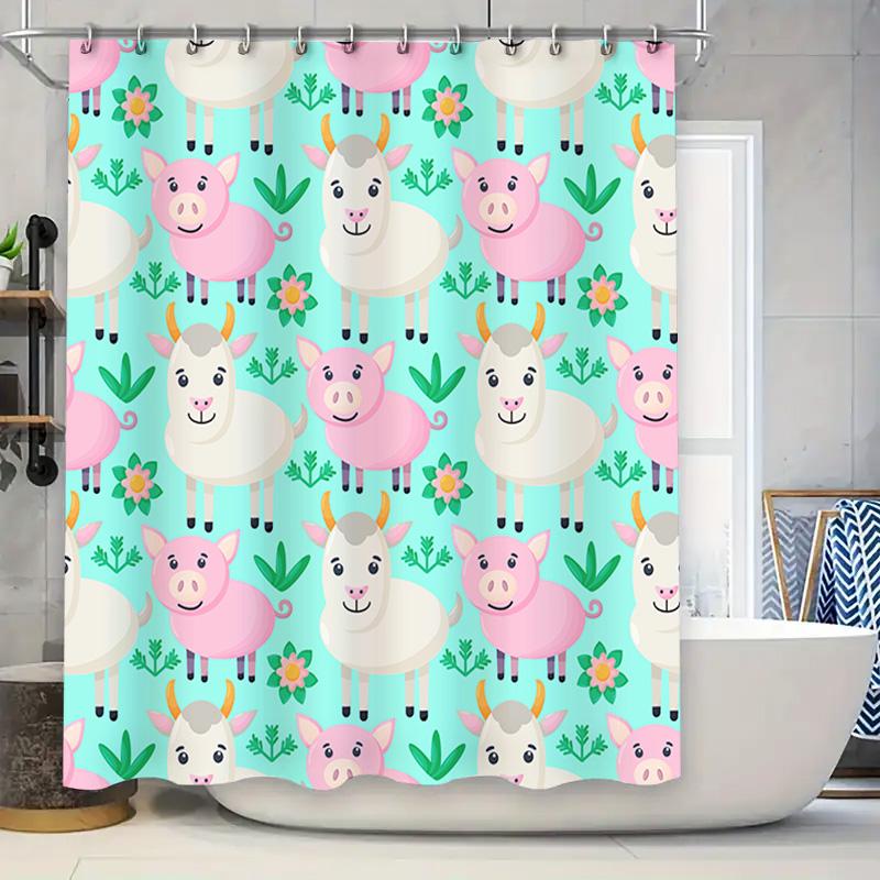 

Animal Print Shower Curtain: Blue Pastel Colorful Flowers Cow Pig Design Waterproof Fabric Decor Bathroom Accessories For Home D W60H190(CM)-1 Pcs