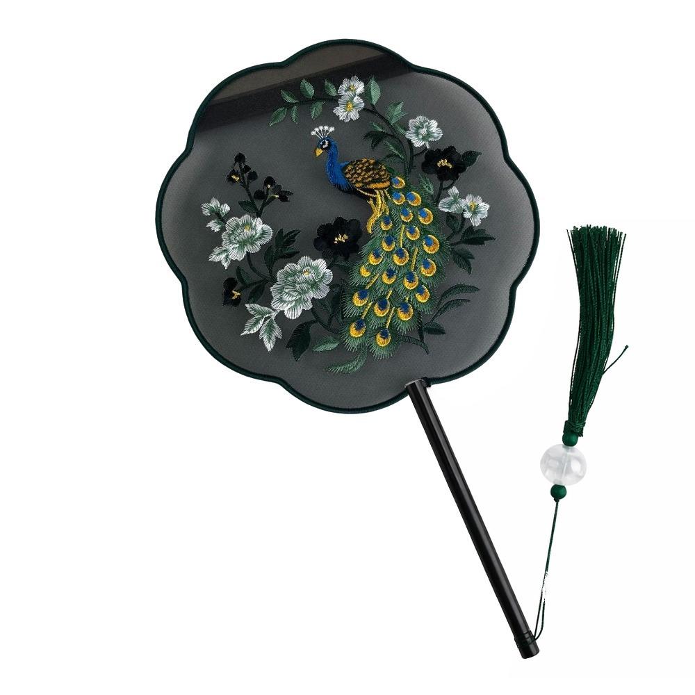 Chinese Style Double Sided Embroidery Fan Long Handle Vintage Hand Fan Dance Fan Party