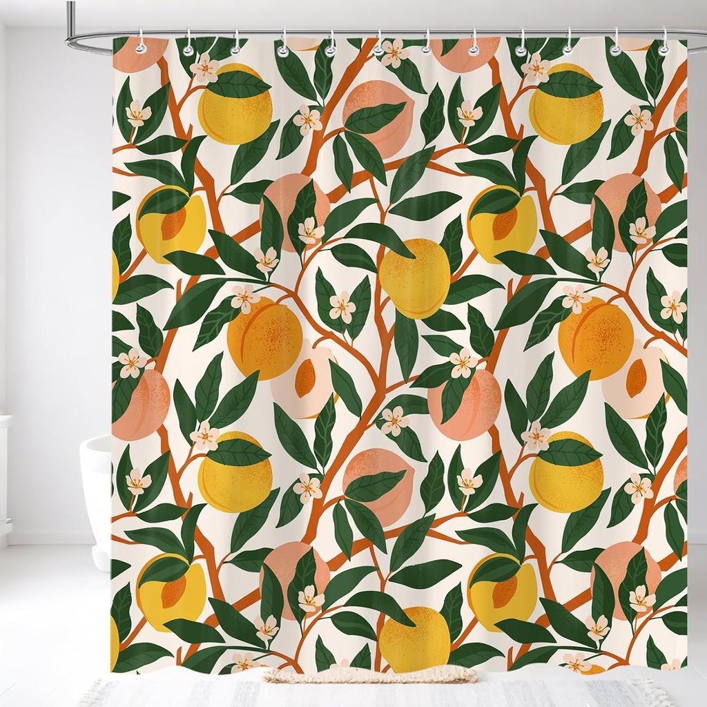 Peach Shower Curtain with Vibrant Cute Bright Colorful Fruit Design, Pink and Orange Home Decorative Fabric Bath Curtain