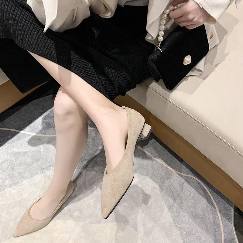 Fashion Summer Women's Workplace Shoes with Heels Pointed Tip Thick Heel One Kick  Womens Shoes Fashion Shallow Mouth Solid Color Simple