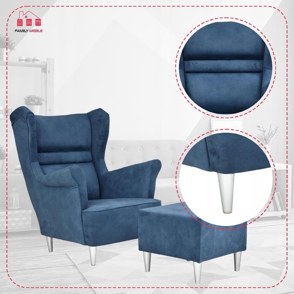 Zoja Wing Chair with Footrest Scandinavian Family Meble Navy Blue Jeans