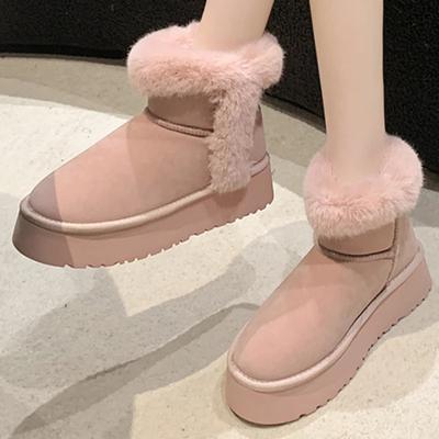 2024 New Ladies Shoes Slip On Women's Boots Winter Round Toe Solid Flock Plush Warm Mid Heel Water Proof Concise Snow Boots