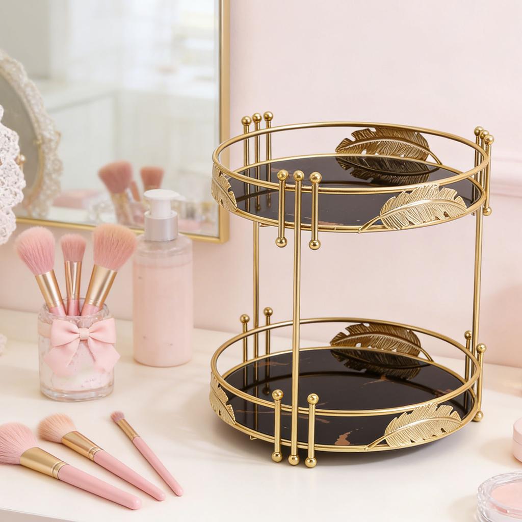 Make-up   Eisen 2-stöckig Hautpflege Aufbewahrung Display-Ständer Badezimmer-Arbeitsplatte   Regal für Schminktisch Schlafzimmer Schwarz Gold